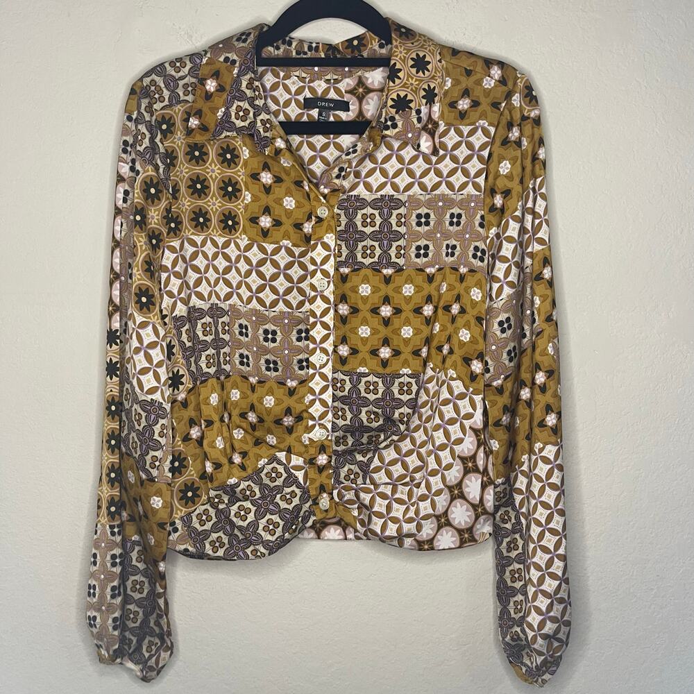 Drew Patchwork Pattern Cropped Long Sleeve Blouse… - image 1